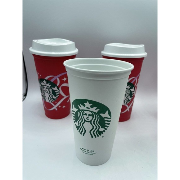 5 Starbucks Christmas Holiday Red White16 Oz. Recycled Travel Cups Mugs w 3 Lids - Picture 2 of 8